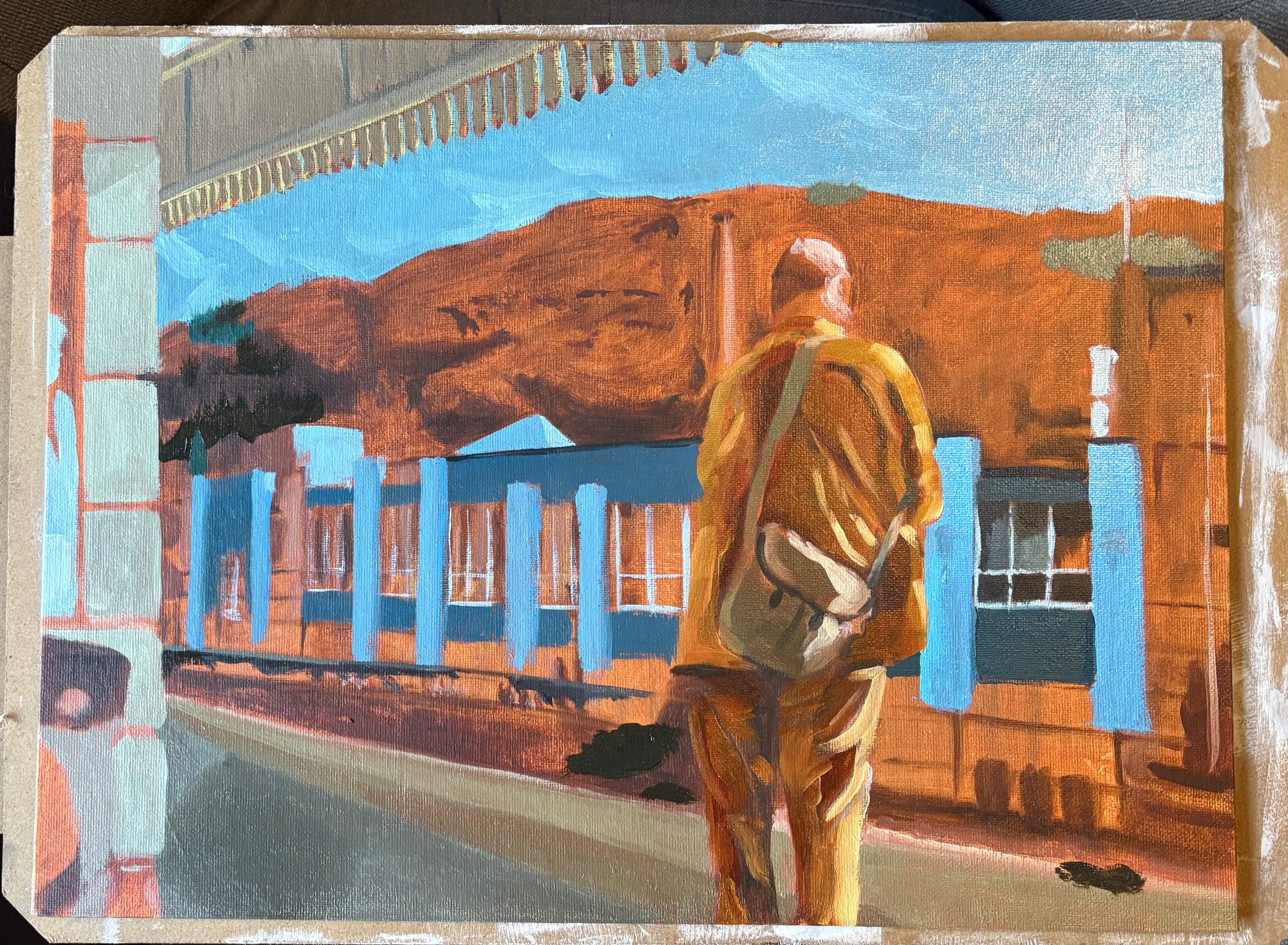 A progress shot of the first image. Some colours are blocked in, but a lot of the red-hued underpainting is still visible.