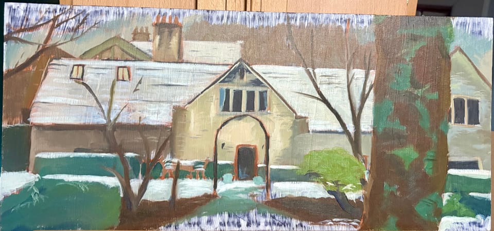 An oil painting of a house in the snow, from the garden. A house sits low in the landscape, snow on the roof